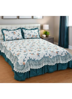 The Little Big Store The Little Big Store King Size Quilted Soft Bedsheet Cotton Feel Bedspread 350 GSM 72x78 Bed Cover with 2 Pillow Covers Bed Skirt with Ruffle Fringe Side Frills Ruffles Pleated Laces  - Image 1
