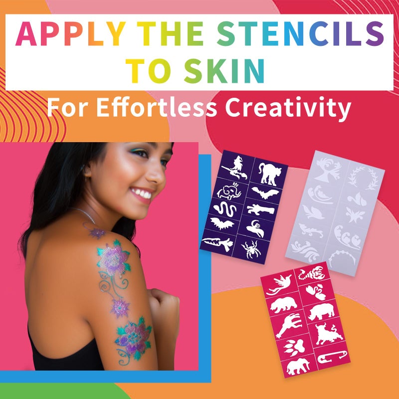 SUSIKEKI Temporary Tattoo Markers for Skin, 15 Colors Tattoo Pen + 50 Paint Stencils + 43 Tattoos Stickers, Glitter & Matte & Neon Glow Body Marker Set, Removable Fake Tattoos Kit for Teens and Adult - Image 5