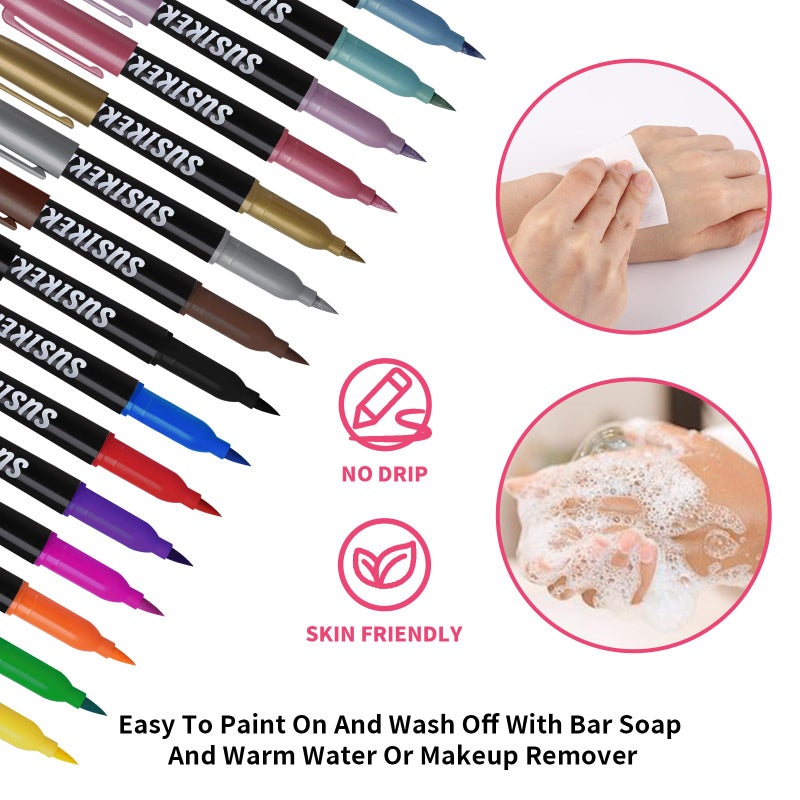 SUSIKEKI Temporary Tattoo Markers for Skin, 15 Colors Tattoo Pen + 50 Paint Stencils + 43 Tattoos Stickers, Glitter & Matte & Neon Glow Body Marker Set, Removable Fake Tattoos Kit for Teens and Adult - Image 4
