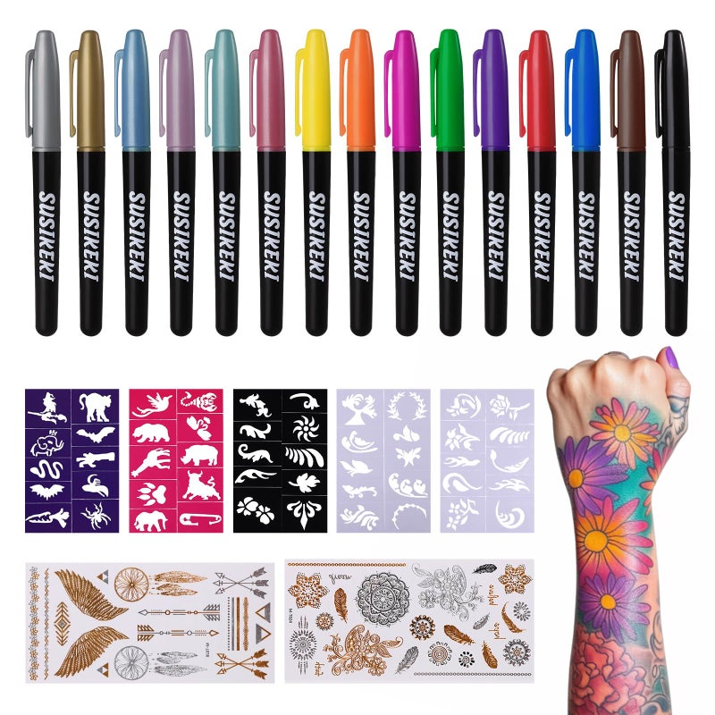 SUSIKEKI Temporary Tattoo Markers for Skin, 15 Colors Tattoo Pen + 50 Paint Stencils + 43 Tattoos Stickers, Glitter & Matte & Neon Glow Body Marker Set, Removable Fake Tattoos Kit for Teens and Adult - Image 1