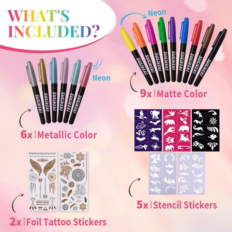 SUSIKEKI Temporary Tattoo Markers for Skin, 15 Colors Tattoo Pen + 50 Paint Stencils + 43 Tattoos Stickers, Glitter & Matte & Neon Glow Body Marker Set, Removable Fake Tattoos Kit for Teens and Adult - Image 2