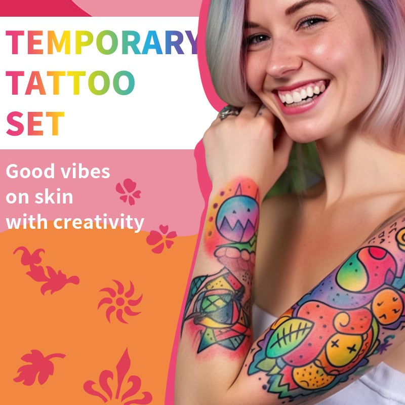 SUSIKEKI Temporary Tattoo Markers for Skin, 15 Colors Tattoo Pen + 50 Paint Stencils + 43 Tattoos Stickers, Glitter & Matte & Neon Glow Body Marker Set, Removable Fake Tattoos Kit for Teens and Adult - Image 3