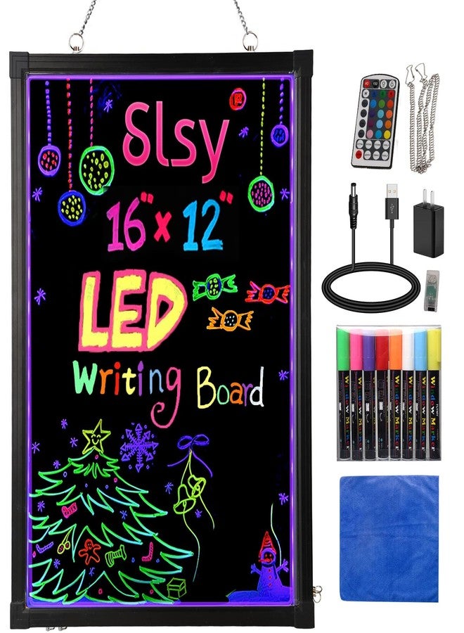 Slsy LED Writing Board 16"x12", Light Up Message Board Illuminated Neon Sign with 12 LED Colors, 26 Flashing Modes, 8 Fluorescent Markers, Erasable Sign for Restaurants Bars Cafes Weddings Classrooms - Image 1