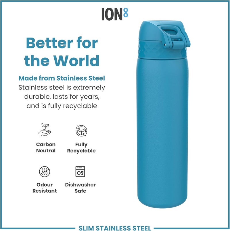 ION8 Lightweight Steel Water Bottle, 600 ml/20 oz, Non-Insulated, Leak Proof, Easy to Open, Secure Lock, Dishwasher Safe, Flip Cover, Fits Cup Holders, Carry Handle, Metal Water Bottle, Blue - Image 4