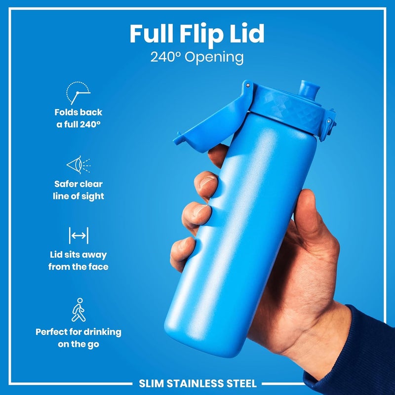 ION8 Lightweight Steel Water Bottle, 600 ml/20 oz, Non-Insulated, Leak Proof, Easy to Open, Secure Lock, Dishwasher Safe, Flip Cover, Fits Cup Holders, Carry Handle, Metal Water Bottle, Blue - Image 3