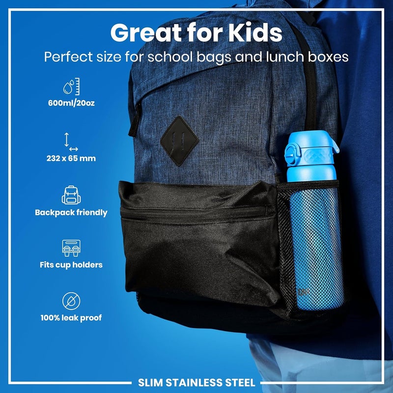 ION8 Lightweight Steel Water Bottle, 600 ml/20 oz, Non-Insulated, Leak Proof, Easy to Open, Secure Lock, Dishwasher Safe, Flip Cover, Fits Cup Holders, Carry Handle, Metal Water Bottle, Blue - Image 1