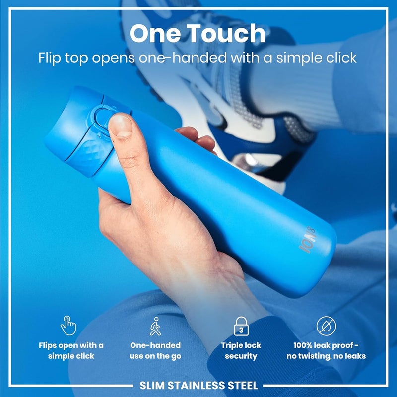 ION8 Lightweight Steel Water Bottle, 600 ml/20 oz, Non-Insulated, Leak Proof, Easy to Open, Secure Lock, Dishwasher Safe, Flip Cover, Fits Cup Holders, Carry Handle, Metal Water Bottle, Blue - Image 2