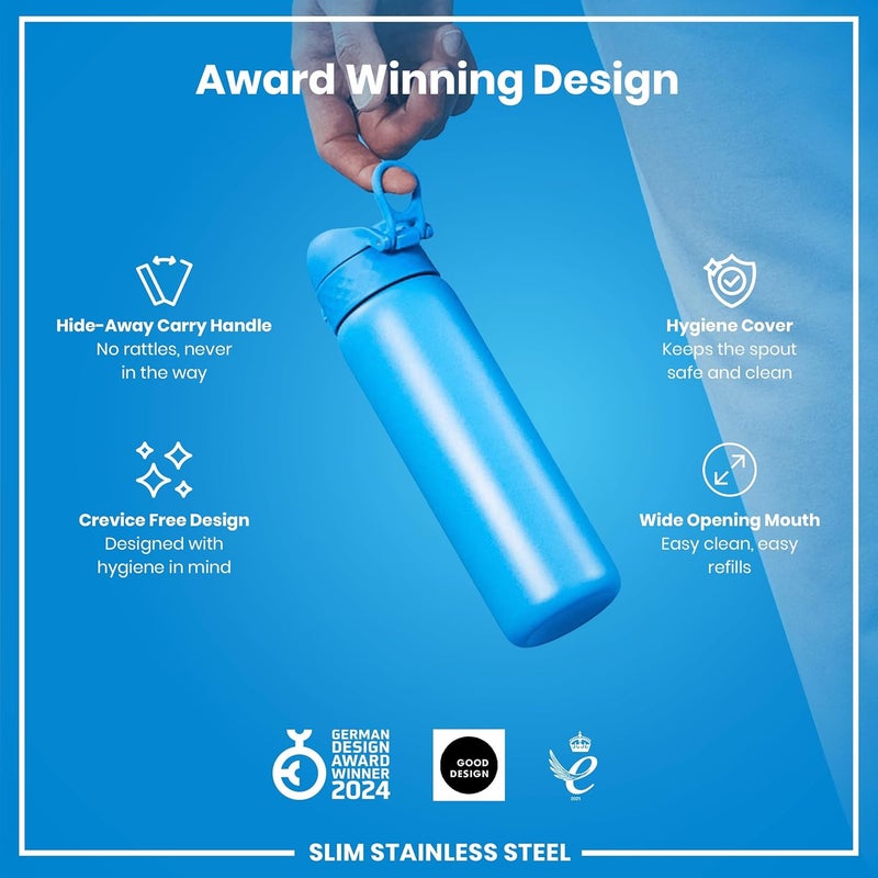 ION8 Lightweight Steel Water Bottle, 600 ml/20 oz, Non-Insulated, Leak Proof, Easy to Open, Secure Lock, Dishwasher Safe, Flip Cover, Fits Cup Holders, Carry Handle, Metal Water Bottle, Blue - Image 5