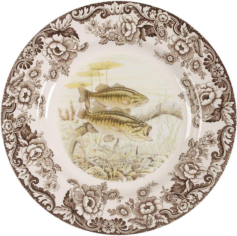 Spode Woodland Dinner Plate Large Mouth Bass 105 Inch  Hunting Cabin Lodge Fishing and Cottage Dcor  Made in England from Fine Earthenware  Microwave and Dishwasher Safe
