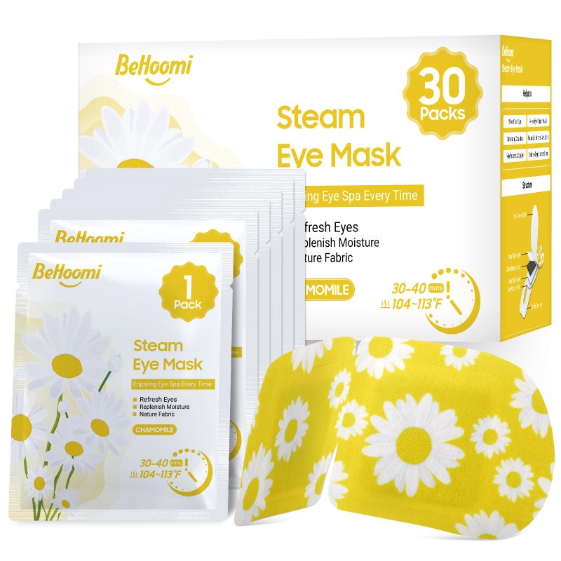 BeHoomi 30Packs Steam Eye Mask, Heated Eye Mask Warm Compress for Eyes, Self Heating Disposable Steam Mask for Home Sleep, Spa, Travel Essentials & Relaxation Gifts, Stocking Stuffers (Chamomile) - Image 1