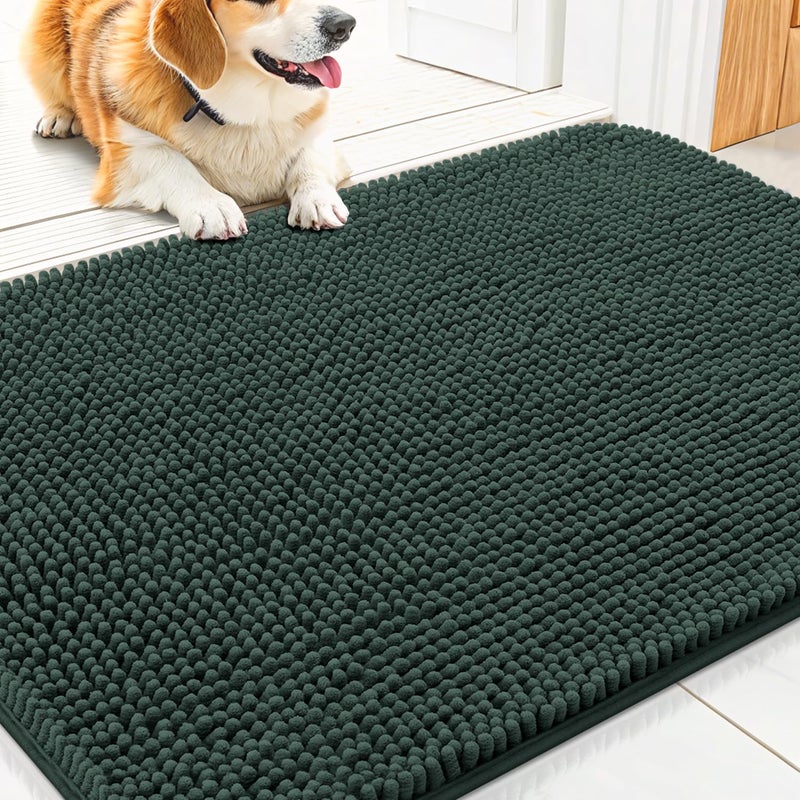 Smiry Dog Door Mat for Muddy Paws 30x20, Absorbs Moisture and Dirt Doormat, Non-Slip Washable Quick Dry Chenille Front Door Mat Indoor Entrance, Entryway Carpet for Inside Floor, Green - Image 1