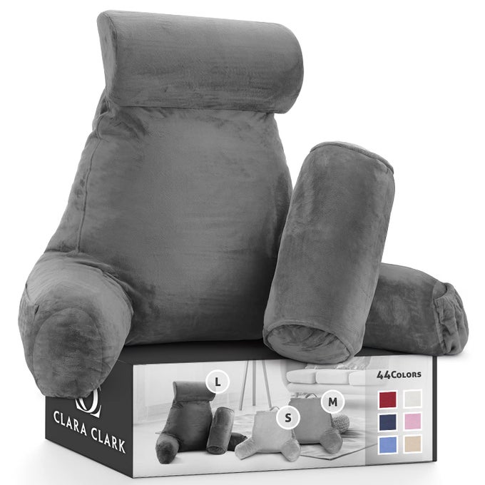 READING PILLOW BACK REST PILLOW FOR SITTING IN BED WITH ARMS FOR KIDS ADULTS PREMIUM SHREDDED MEMORY FOAM TV SIT UP PILLOW LARGE GRAY
