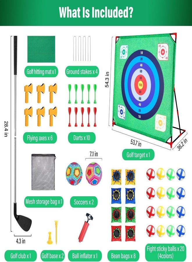 UMMNPR Total 53 pack 4-in-1 Golf Chipping Game Set with Stand,Battle Golf Game, 54X54 in Golf Target Mat with 16 Sticky Balls, 8 Bean Bags, 6 Axes, 2 Soccer Balls for Indoor Outdoor Backyard Family Fun - Image 4