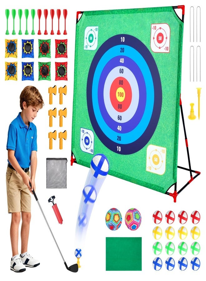 UMMNPR Total 53 pack 4-in-1 Golf Chipping Game Set with Stand,Battle Golf Game, 54X54 in Golf Target Mat with 16 Sticky Balls, 8 Bean Bags, 6 Axes, 2 Soccer Balls for Indoor Outdoor Backyard Family Fun - Image 1