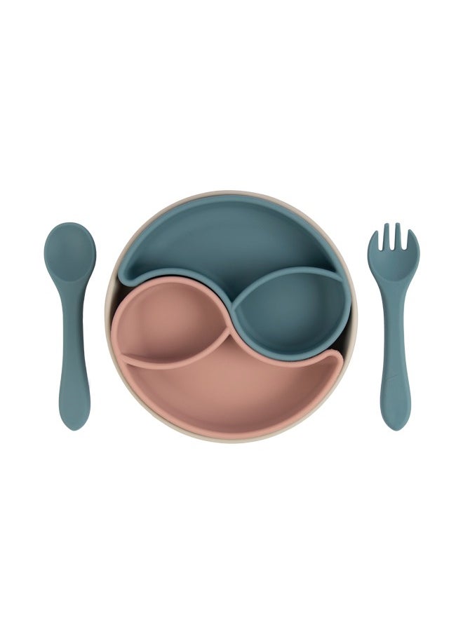 Babies Basic Feeding Set With Removable Sections , 3 Piece, Silicone Set Easy To Grip, Silicone Suction Plate With Silicone Spoon And Fork- Blue  - Image 1