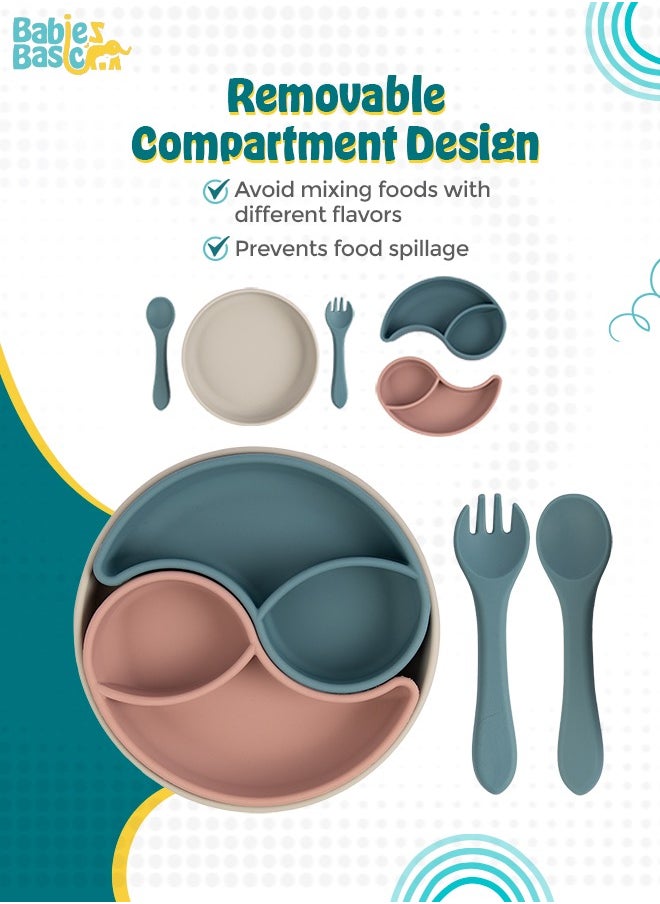Babies Basic Feeding Set With Removable Sections , 3 Piece, Silicone Set Easy To Grip, Silicone Suction Plate With Silicone Spoon And Fork- Blue  - Image 2