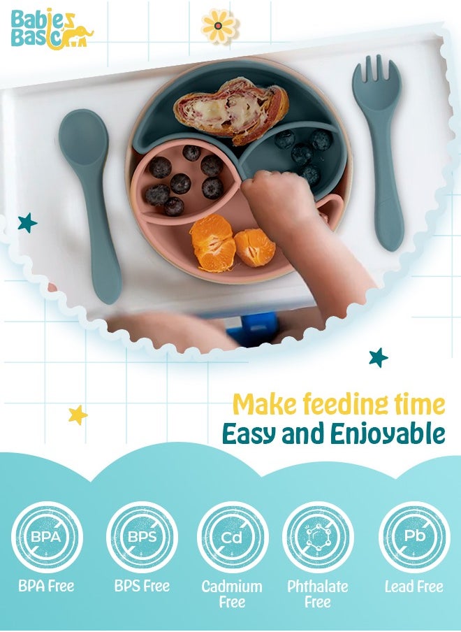 Babies Basic Feeding Set With Removable Sections , 3 Piece, Silicone Set Easy To Grip, Silicone Suction Plate With Silicone Spoon And Fork- Blue  - Image 3