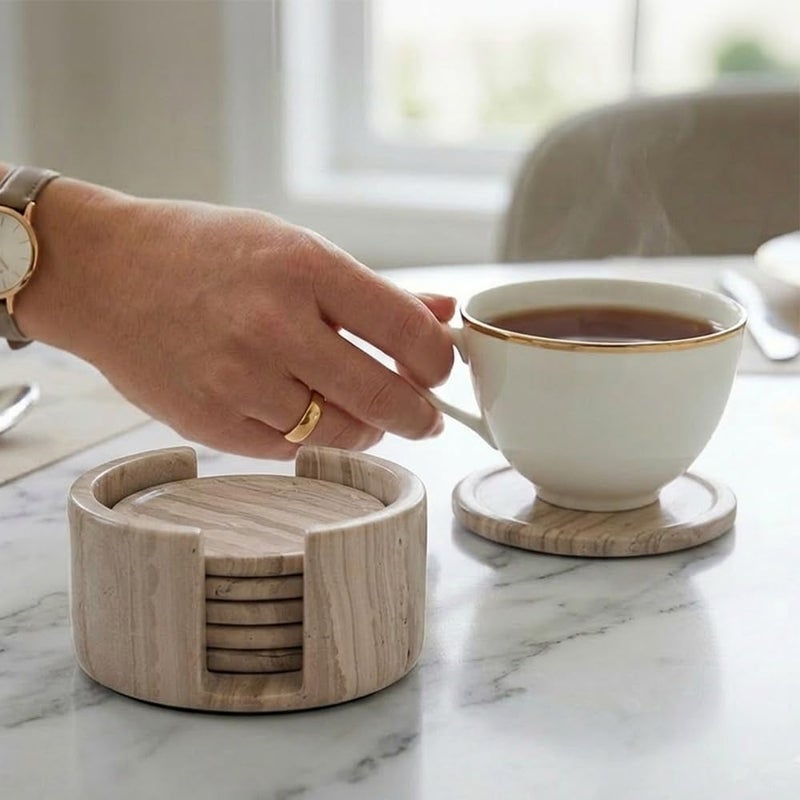 RADICALn Marble Coasters Set of 6 Handmade 3.5" Inch Wood Round Coasters for Drinks, Coaster Set with Holder for Dining Tables - Image 2