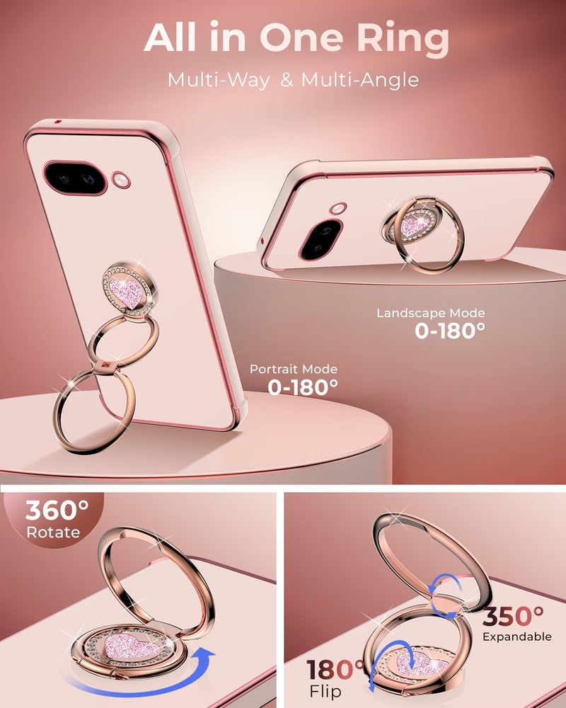 XYZ for Pixel 9A Case with Stand, Phone Case with Double Ring Kickstand, Women Girls Cute Love-Heart Luxury Bling Protective Cover for Google 9A, Pink - Image 3