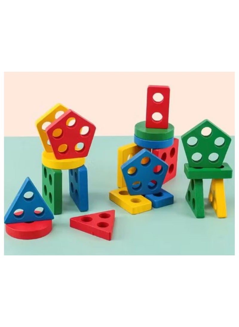 Wooden Geometric Stacking Puzzle Shape Sorting & Counting Toy for Toddlers