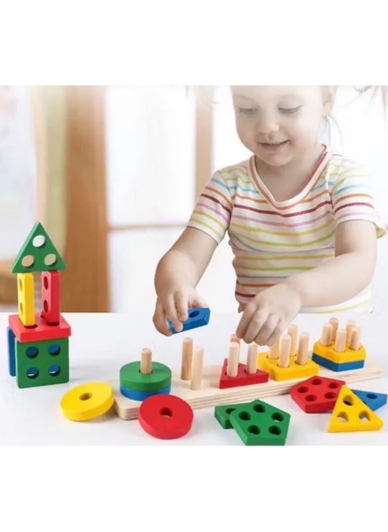 Wooden Geometric Stacking Puzzle Shape Sorting & Counting Toy for Toddlers