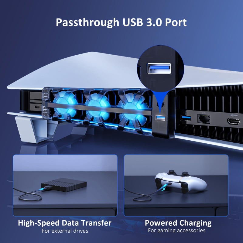 NEXIGO حامل أفقي NexiGo لجهاز PS5 مع مروحة تبريد صامتة مع سرعة قابلة للتعديل، [ضوضاء منخفضة]، [تشغيل/إيقاف تلقائي]، مع منفذ USB 3.0، ضوء LED مدمج، للإصدارات القرصية والرقمية على حد سواء - Image 4