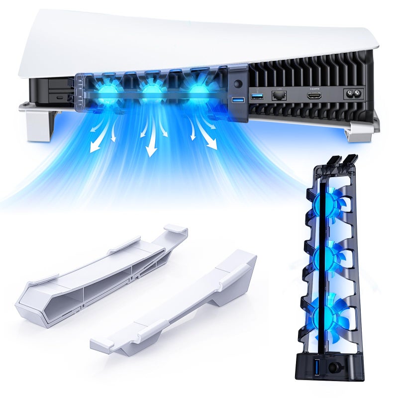 NEXIGO حامل أفقي NexiGo لجهاز PS5 مع مروحة تبريد صامتة مع سرعة قابلة للتعديل، [ضوضاء منخفضة]، [تشغيل/إيقاف تلقائي]، مع منفذ USB 3.0، ضوء LED مدمج، للإصدارات القرصية والرقمية على حد سواء - Image 1