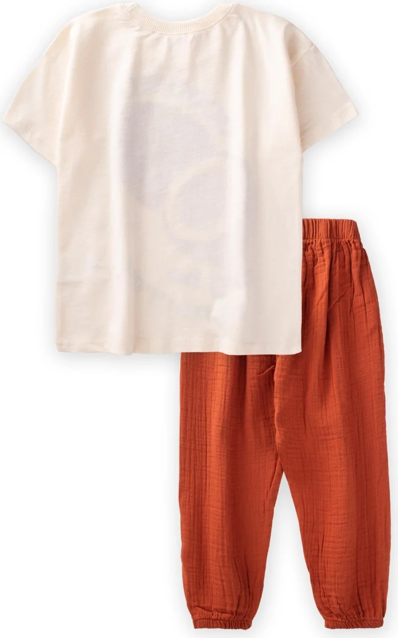 Cigit Cigit Organic Trousers Coconut Printed T-Shirt Set 3-10 Years Ecru
