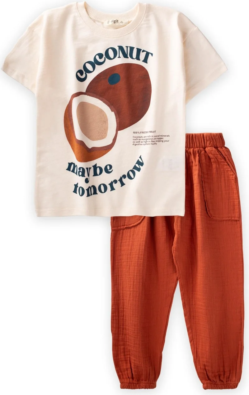 Cigit Cigit Organic Trousers Coconut Printed T-Shirt Set 3-10 Years Ecru