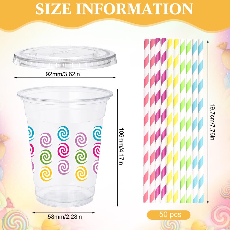 Funnymoom 50 Pcs Candy Party Plastic Cups with Lids and Straw 12 oz Lollipops Clear Disposable Cups Colorful Candies Drinking Cups for Sweet Candies Shoppe Lollipops Birthday Theme Party Supplies - Image 1