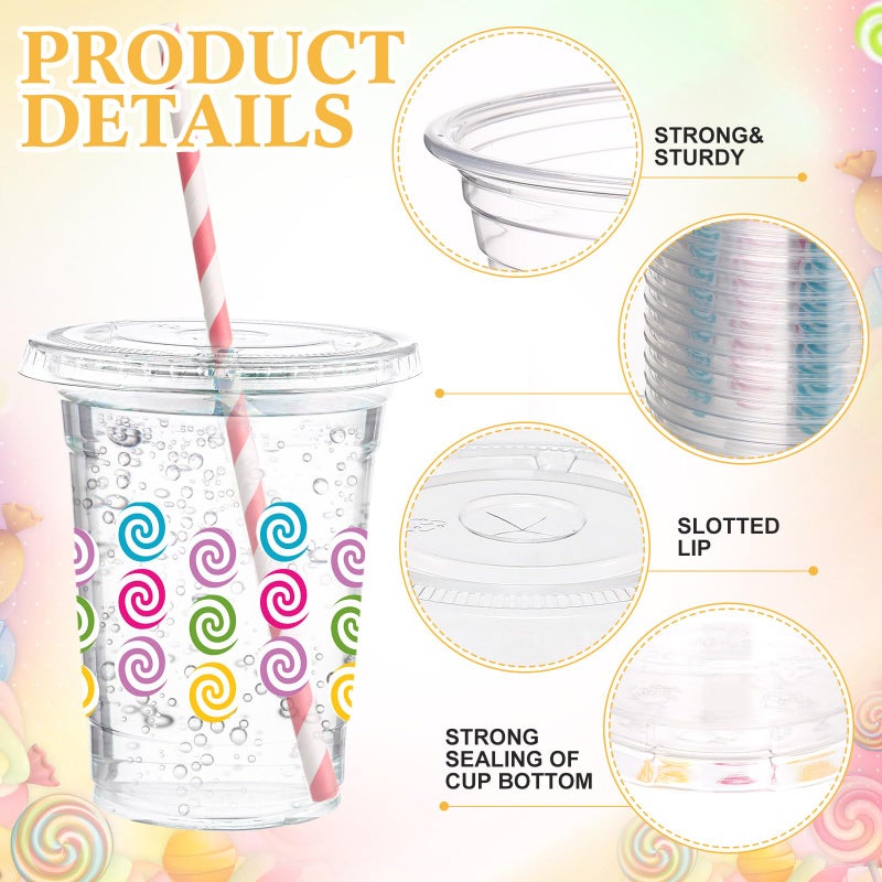 Funnymoom 50 Pcs Candy Party Plastic Cups with Lids and Straw 12 oz Lollipops Clear Disposable Cups Colorful Candies Drinking Cups for Sweet Candies Shoppe Lollipops Birthday Theme Party Supplies - Image 2
