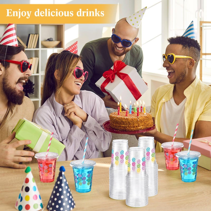 Funnymoom 50 Pcs Candy Party Plastic Cups with Lids and Straw 12 oz Lollipops Clear Disposable Cups Colorful Candies Drinking Cups for Sweet Candies Shoppe Lollipops Birthday Theme Party Supplies - Image 3