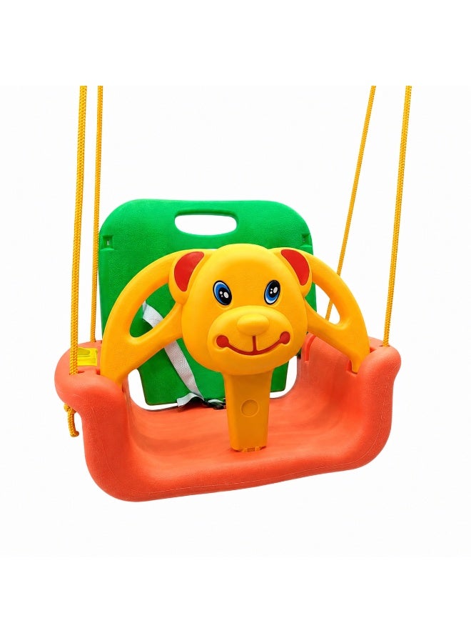 Safe and comfortable baby swing with a safety belt and protective bar.