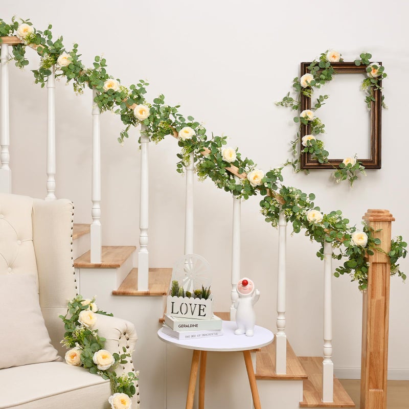 Dolicer 2Pcs 13Ft Artificial Eucalyptus Garlands with Flowers - 8 Camellias  Faux Floral Greenery Garlands Fake Flowers Vines for Wedding Centerpieces Arch Party Ceremony Backdrop Decor (Champagne) - Image 4