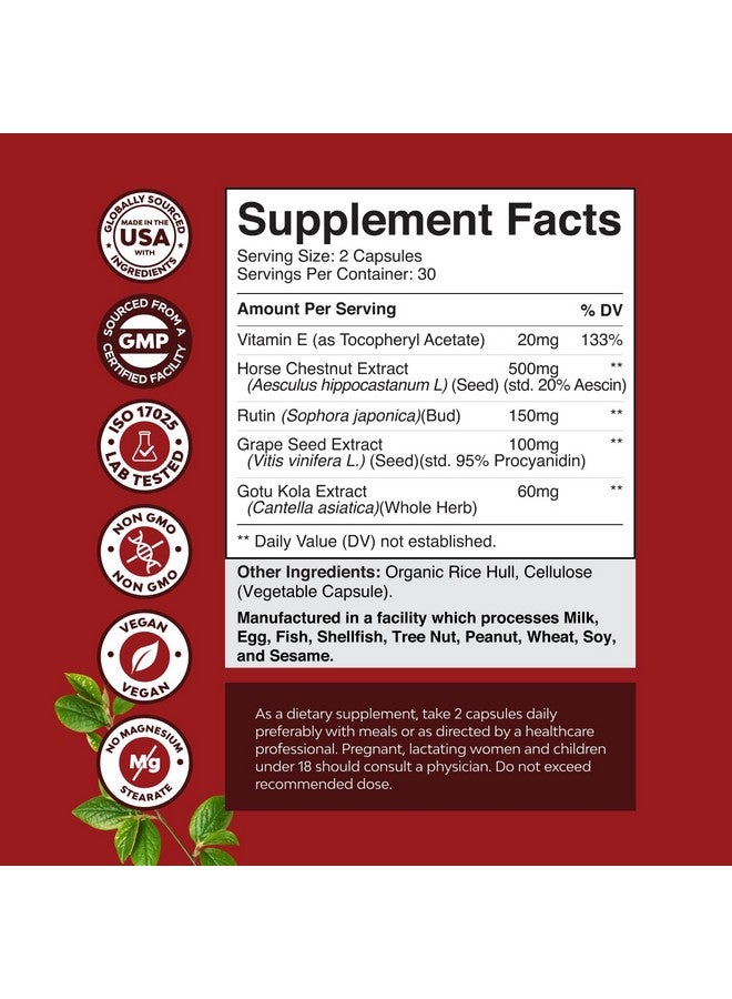 Natures Craft مكملات دعم الأوردة للساقين والأوردة - مكمل كامل للجسم للدورة الدموية للأوردة العنكبوتية والأوردة المتوسعة وتحسين التدفق مع مستخلص كستناء الحصان والفلافونويدات - كبسولات صغيرة نباتية غير معدلة وراثيًا (1 شهر) - Image 3