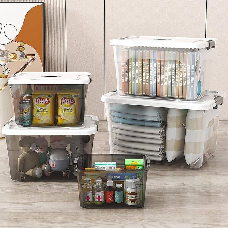 XVersion XV Plastic Storage Box Set with with Lockable Lid (Medium+Large+XL),Stackable Containers,Transparent Boxes Storing Clothes, Tools, Office Supplies (3-Pack Storage Bins – Transparent, Gray) - Image 4