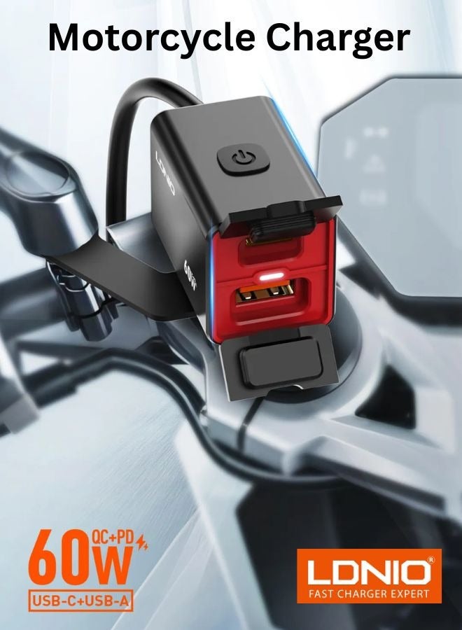 LDNIO Motorcycle Mobile Charger Dual USB Port 30W USB-A 30W USB-C Wired Fast Charging Take Power from Battery, Motorcycle Car Charger, Waterproof Design - Image 1