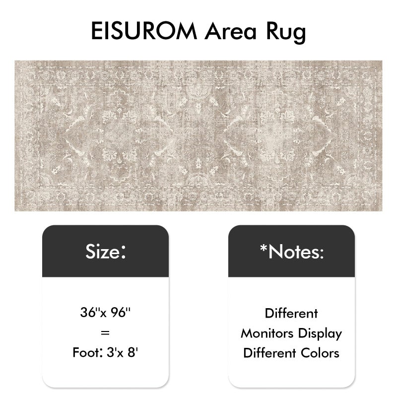 EISUROM Washable 3x8 Runner Rug - Non-Slip Vintage Runner Rug for Entryway Low-Pile Medallion Long Rugs for Hallway Waterproof Traditional Runner Rug Indoor Thin Rug for Kitchen (Distressed Beige & Ivory) - Image 2