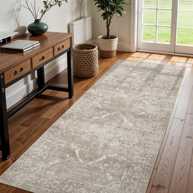 EISUROM Washable 3x8 Runner Rug - Non-Slip Vintage Runner Rug for Entryway Low-Pile Medallion Long Rugs for Hallway Waterproof Traditional Runner Rug Indoor Thin Rug for Kitchen (Distressed Beige & Ivory) - Image 1