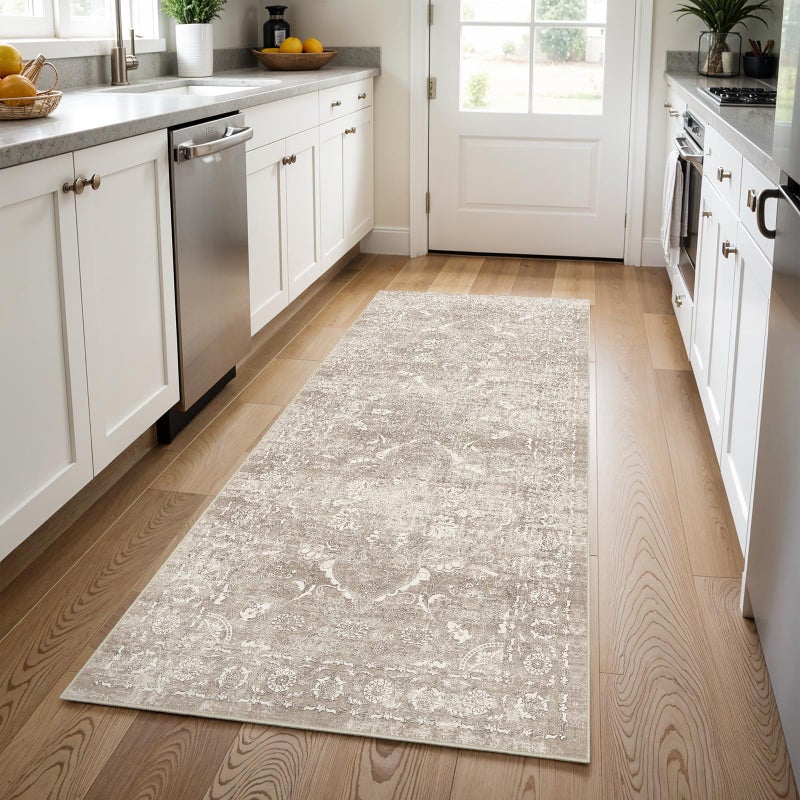 EISUROM Washable 3x8 Runner Rug - Non-Slip Vintage Runner Rug for Entryway Low-Pile Medallion Long Rugs for Hallway Waterproof Traditional Runner Rug Indoor Thin Rug for Kitchen (Distressed Beige & Ivory) - Image 5
