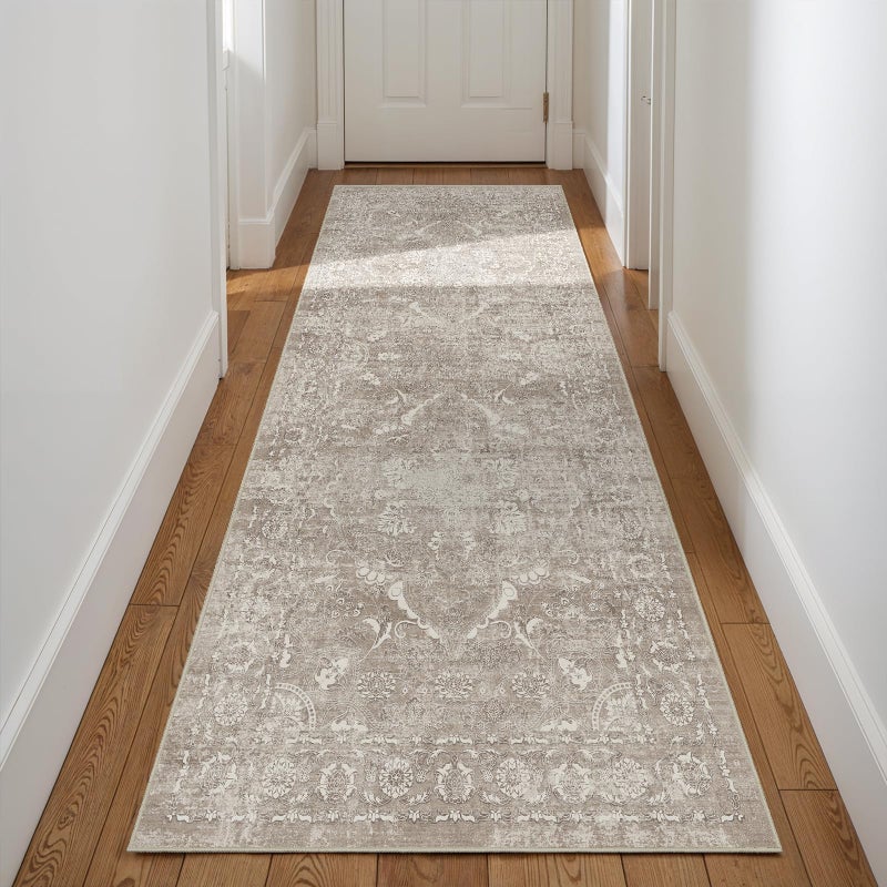 EISUROM Washable 3x8 Runner Rug - Non-Slip Vintage Runner Rug for Entryway Low-Pile Medallion Long Rugs for Hallway Waterproof Traditional Runner Rug Indoor Thin Rug for Kitchen (Distressed Beige & Ivory) - Image 3