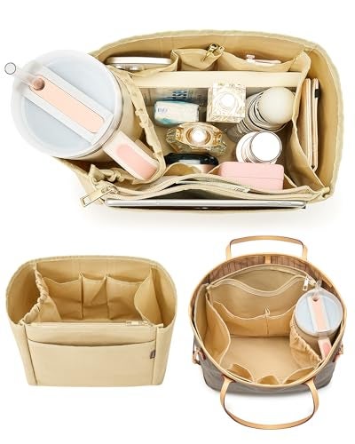 TOVICE Tote Bag Organizer Insert with Stanley Cup Holder and Zipper Bag Compatible with Neverfull Saint Louis and More 9 Pockets Beige XLarge - Image 1