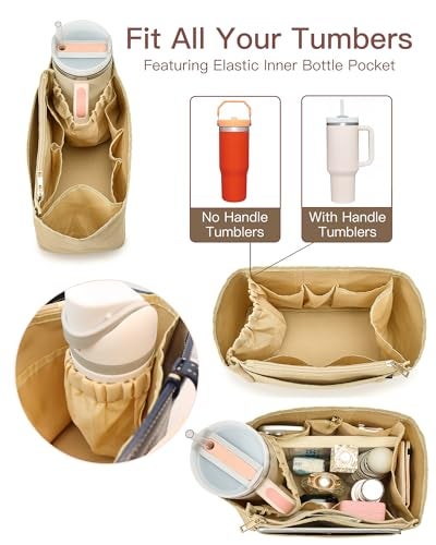 TOVICE Tote Bag Organizer Insert with Stanley Cup Holder and Zipper Bag Compatible with Neverfull Saint Louis and More 9 Pockets Beige XLarge - Image 3