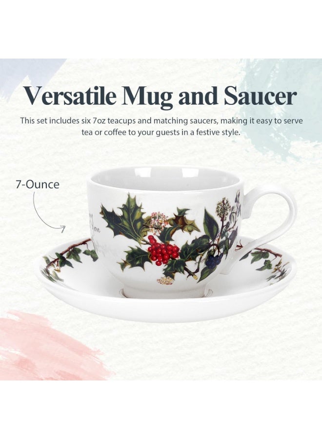 Portmeirion Portmeirion Holly and Ivy 7 oz Holiday Teacup and Saucer Set (Set of 6) - Earthenware Holly Motif, Festive Tableware for Christmas Tea Parties, Elegant Seasonal Gifts - Dishwasher & Microwave Safe  - Image 3