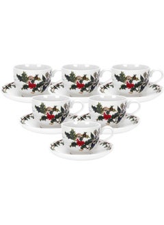 Portmeirion Portmeirion Holly and Ivy 7 oz Holiday Teacup and Saucer Set (Set of 6) - Earthenware Holly Motif, Festive Tableware for Christmas Tea Parties, Elegant Seasonal Gifts - Dishwasher & Microwave Safe  - Image 1