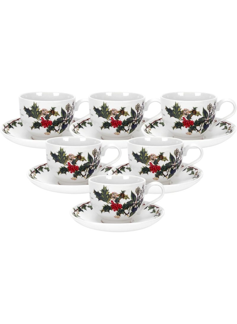Portmeirion Portmeirion Holly and Ivy 7 oz Holiday Teacup and Saucer Set (Set of 6) - Earthenware Holly Motif, Festive Tableware for Christmas Tea Parties, Elegant Seasonal Gifts - Dishwasher & Microwave Safe  - Image 1