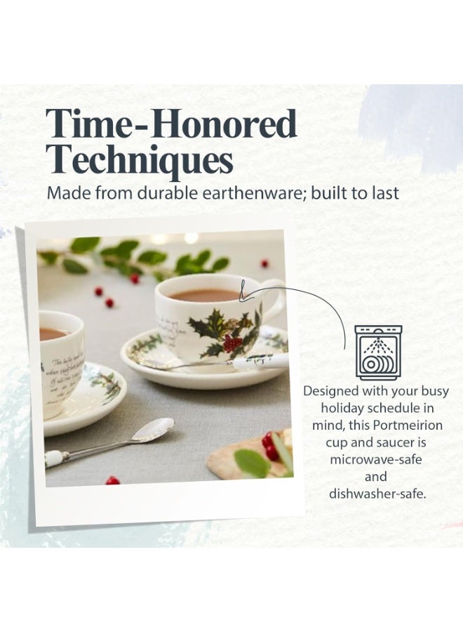 Portmeirion Holly and Ivy 7 oz Holiday Teacup and Saucer Set (Set of 6) - Earthenware Holly Motif, Festive Tableware for Christmas Tea Parties, Elegant Seasonal Gifts - Dishwasher & Microwave Safe - Image 2