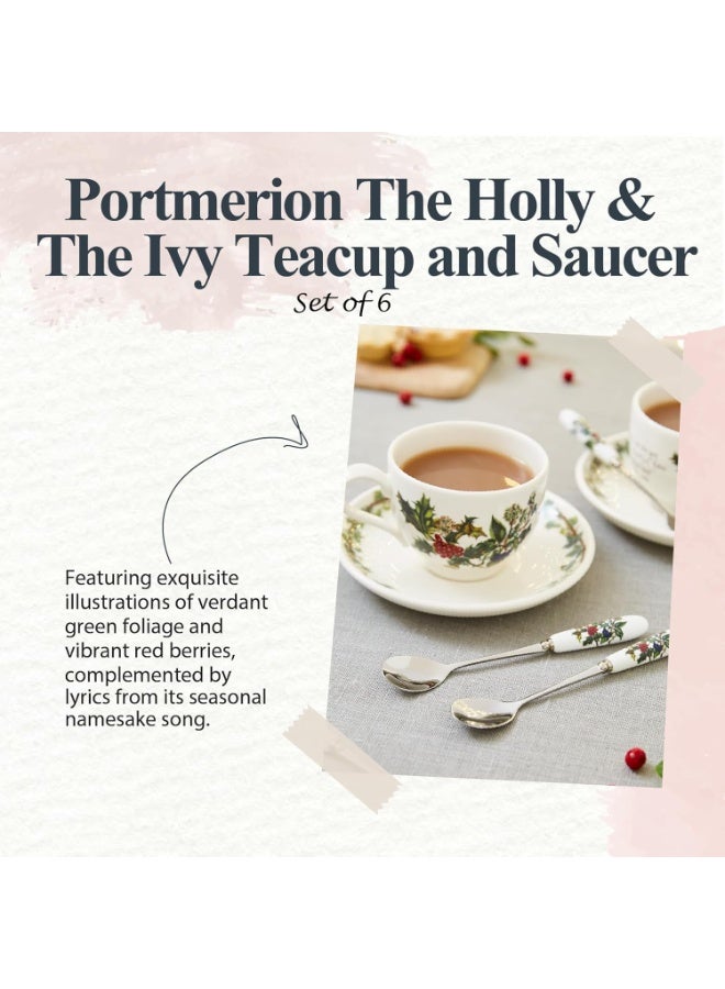 Portmeirion Holly and Ivy 7 oz Holiday Teacup and Saucer Set (Set of 6) - Earthenware Holly Motif, Festive Tableware for Christmas Tea Parties, Elegant Seasonal Gifts - Dishwasher & Microwave Safe - Image 4