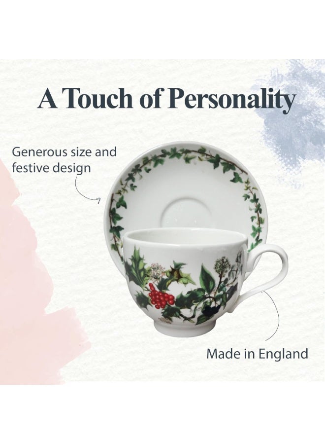 Portmeirion Holly and Ivy 7 oz Holiday Teacup and Saucer Set (Set of 6) - Earthenware Holly Motif, Festive Tableware for Christmas Tea Parties, Elegant Seasonal Gifts - Dishwasher & Microwave Safe - Image 5