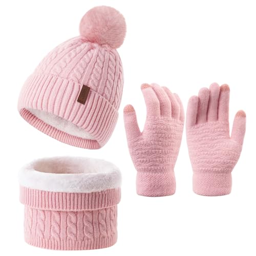 FENELY Womens Winter Beanie Hat Scarf and Gloves Set Girls Cable Beanies with Pompom Infinity Scarf Knitted Touch Screen Gloves Sets Ladies Pink Knit Thick Warm Soft Fleece Lined Thermal Cap - Image 1
